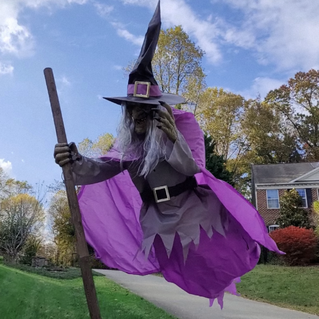 Life Size Flying Witch Outdoor Halloween Decorations Prop with Glowing Eyes
