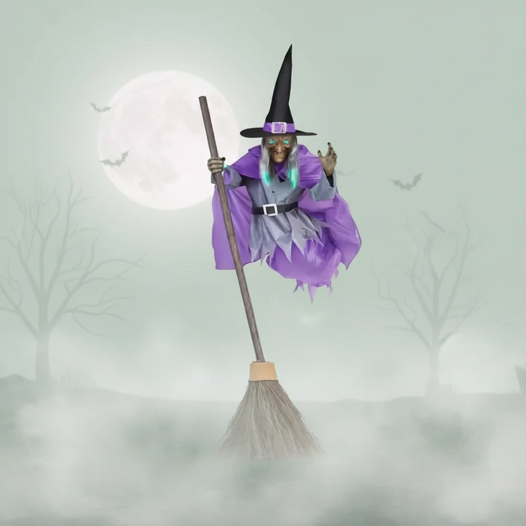 Blow Up Halloween Decorations Witch Inflatable with Glowing Eyes and Broomstick