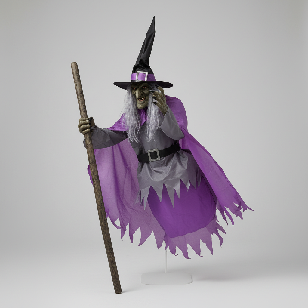 Blow Up Halloween Decorations Witch Inflatable with Glowing Eyes and Broomstick