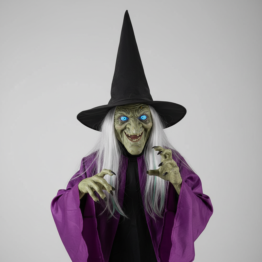 Blow Up Halloween Decorations Witch Inflatable with Glowing Eyes and Broomstick