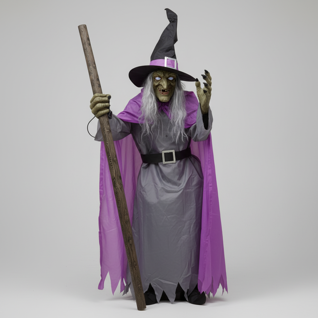 Blow Up Halloween Decorations Witch Inflatable with Glowing Eyes and Broomstick