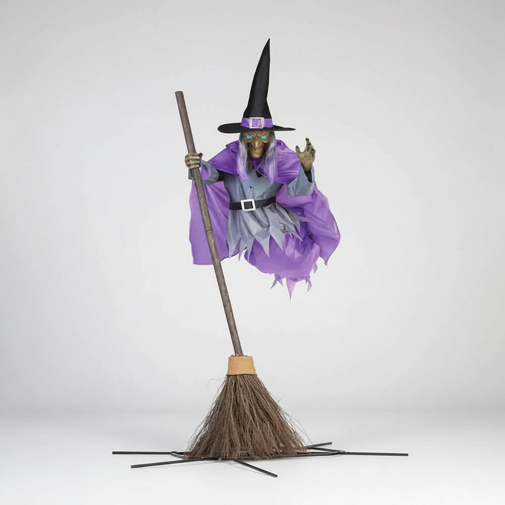 Blow Up Halloween Decorations Witch Inflatable with Glowing Eyes and Broomstick