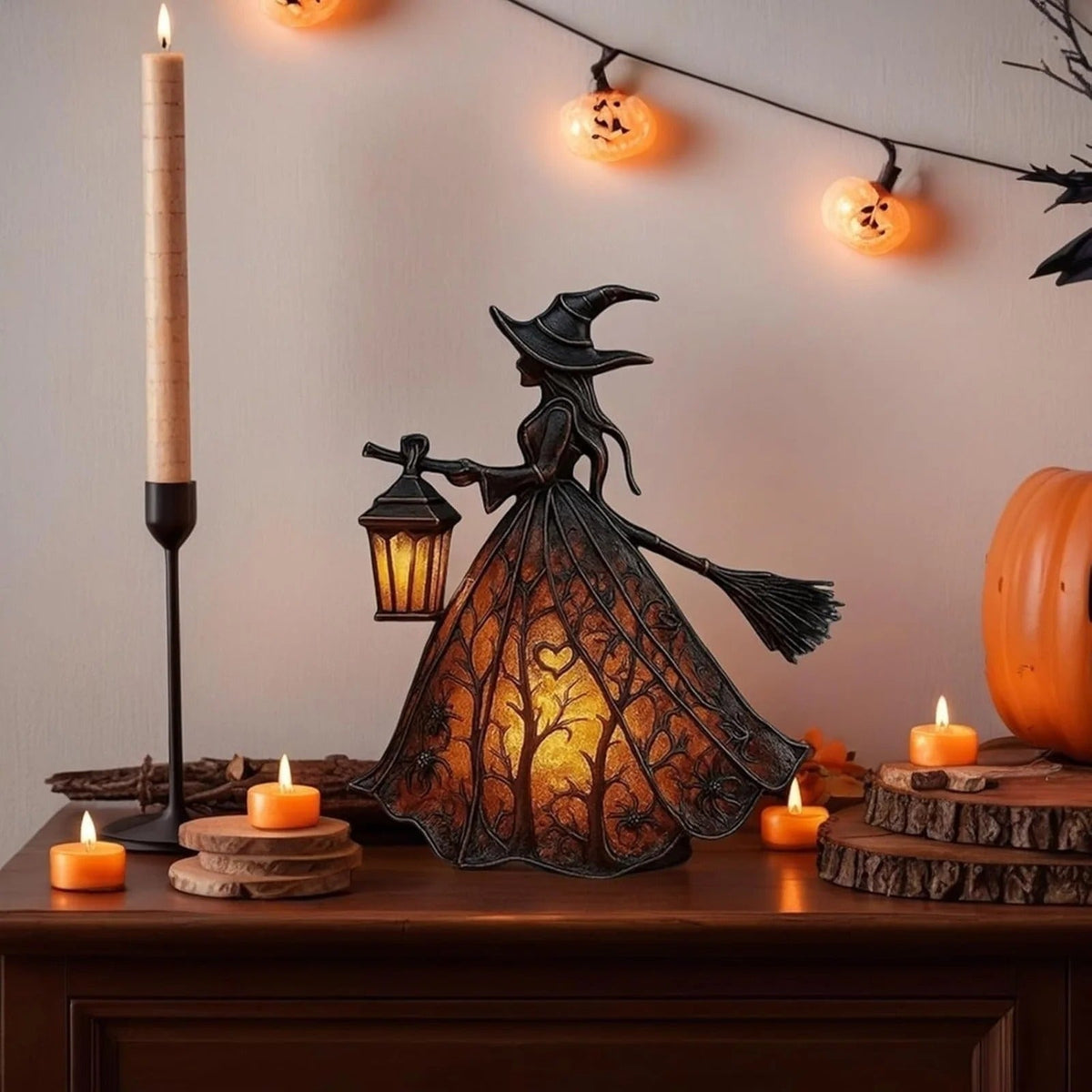 Halloween Witch Figurine with Glowing Lantern and Detailed Resin Broomstick