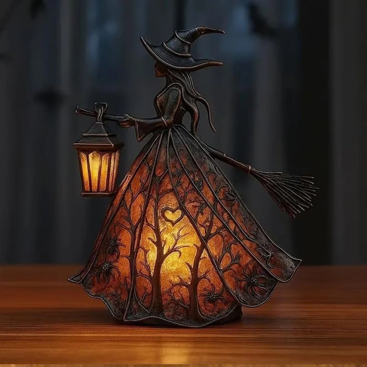 Halloween Witch Figurine with Glowing Lantern and Detailed Resin Broomstick