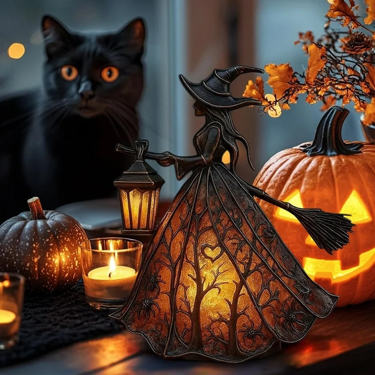 Halloween Witch Figurine with Glowing Lantern and Detailed Resin Broomstick