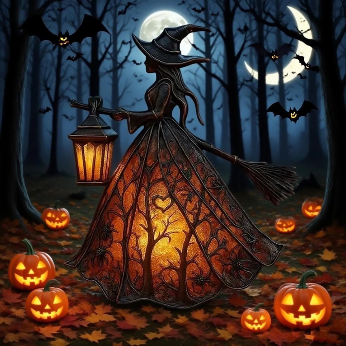 Halloween Witch Figurine with Glowing Lantern and Detailed Resin Broomstick
