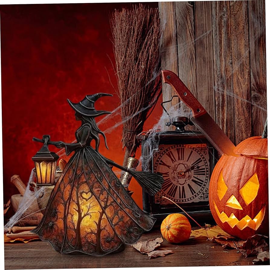 Halloween Witch Figurine with Glowing Lantern and Detailed Resin Broomstick