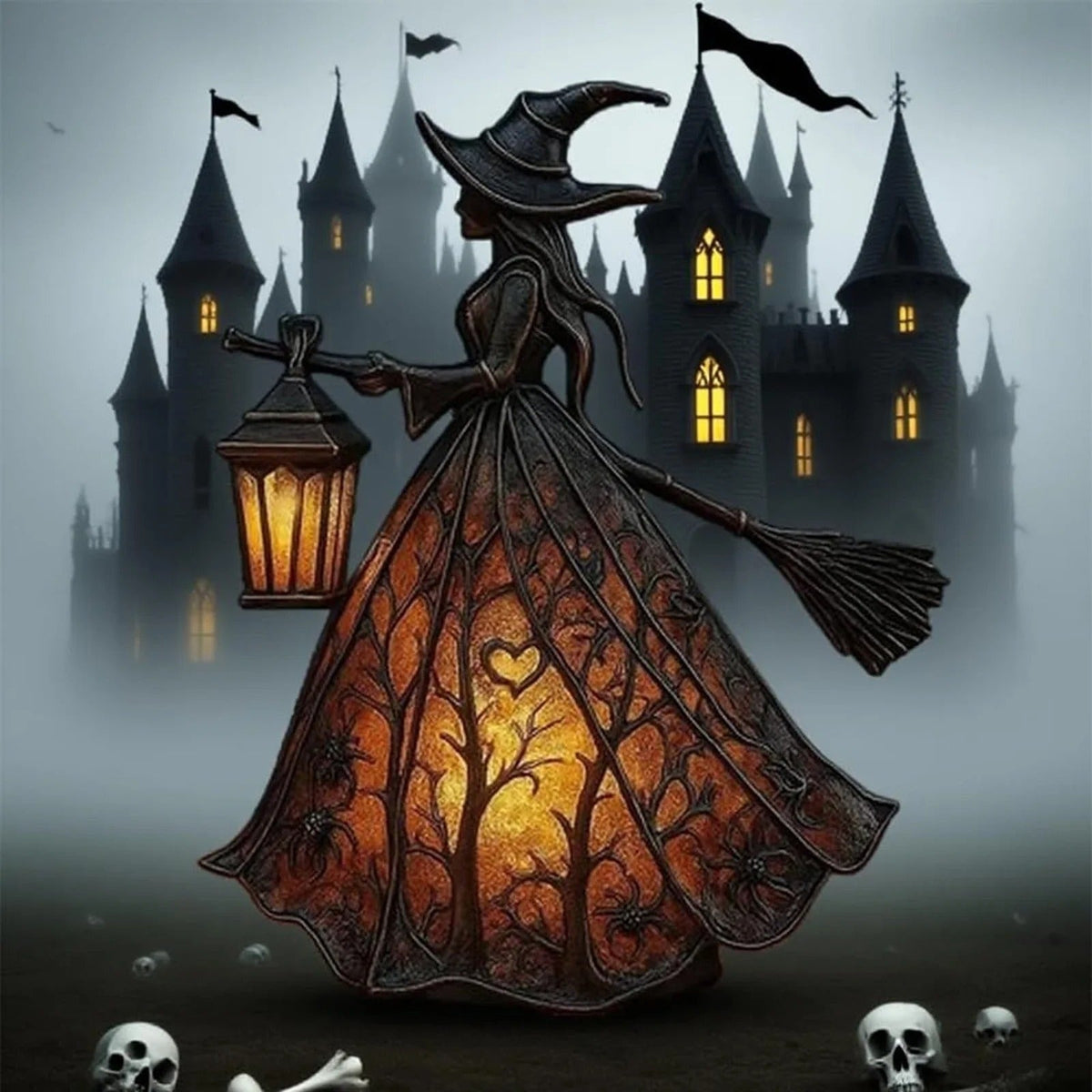 Halloween Witch Figurine with Glowing Lantern and Detailed Resin Broomstick