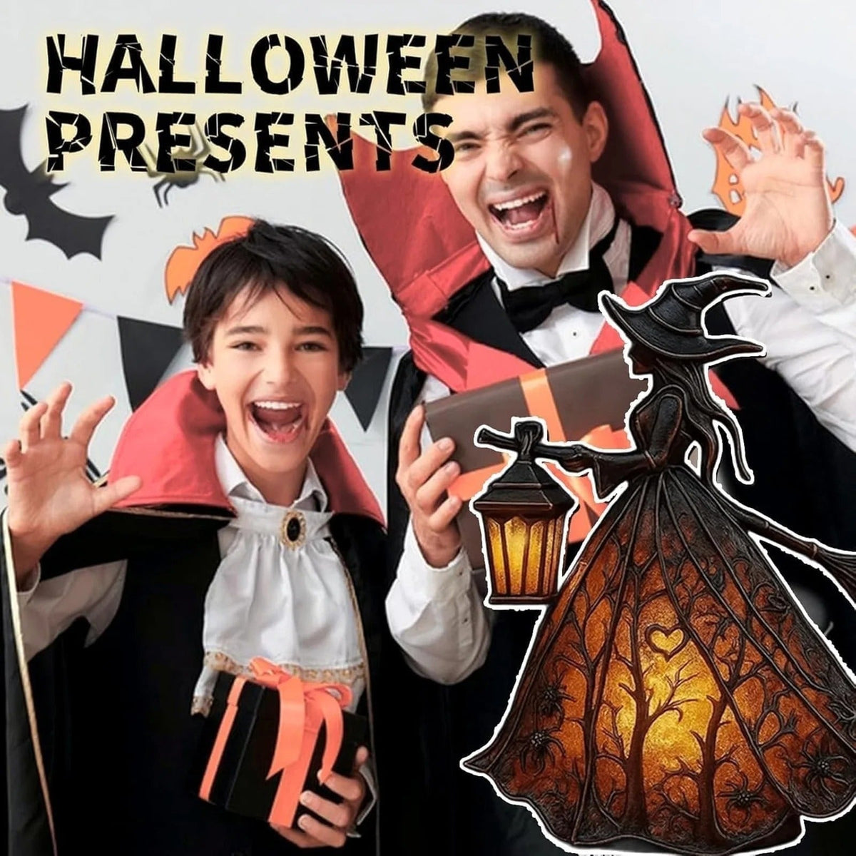 Halloween Witch Figurine with Glowing Lantern and Detailed Resin Broomstick