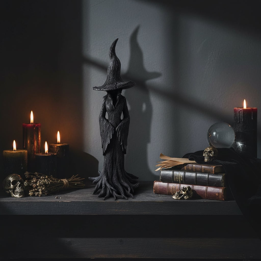 Halloween Witch Decor Figurine with Pointed Hat and Cast Resin Tree Root Base
