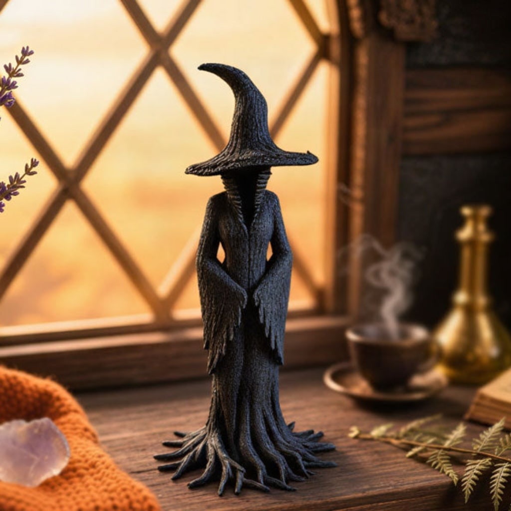 Halloween Witch Decor Figurine with Pointed Hat and Cast Resin Tree Root Base