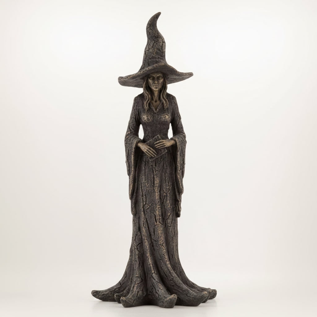 Halloween Witch Decor Figurine with Pointed Hat and Cast Resin Tree Root Base