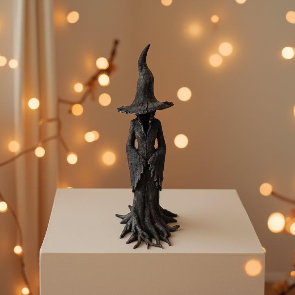 Halloween Witch Decor Figurine with Pointed Hat and Cast Resin Tree Root Base