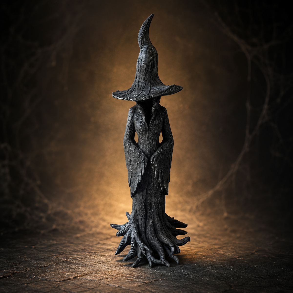 Halloween Decorations Faceless Witch Figurine with Textured Bark Finish and Root Base for Tabletop