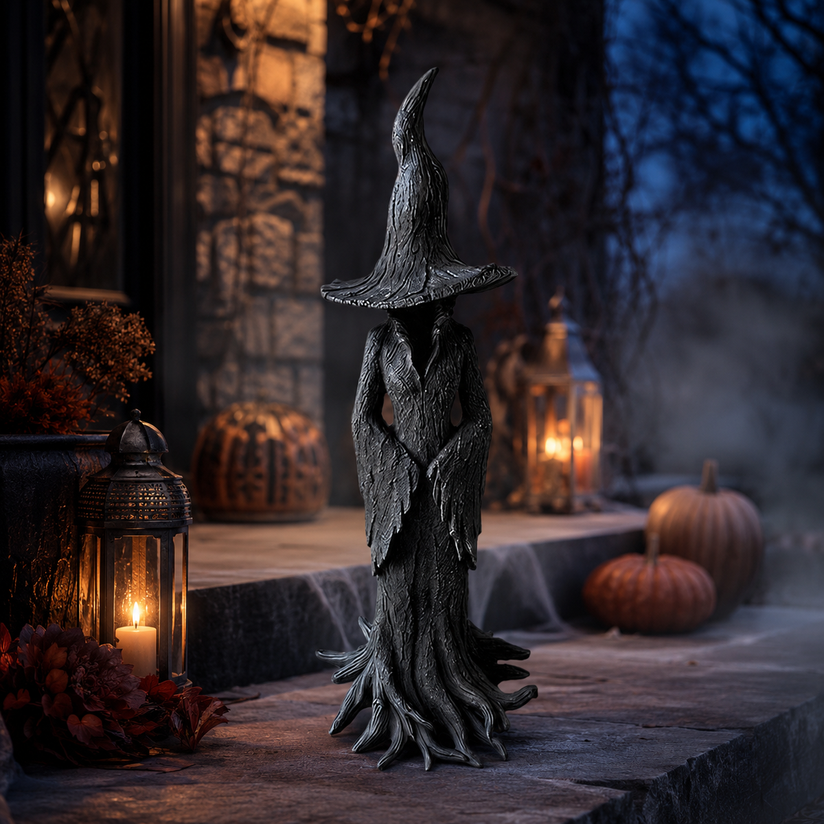 Halloween Decorations Faceless Witch Figurine with Textured Bark Finish and Root Base for Tabletop