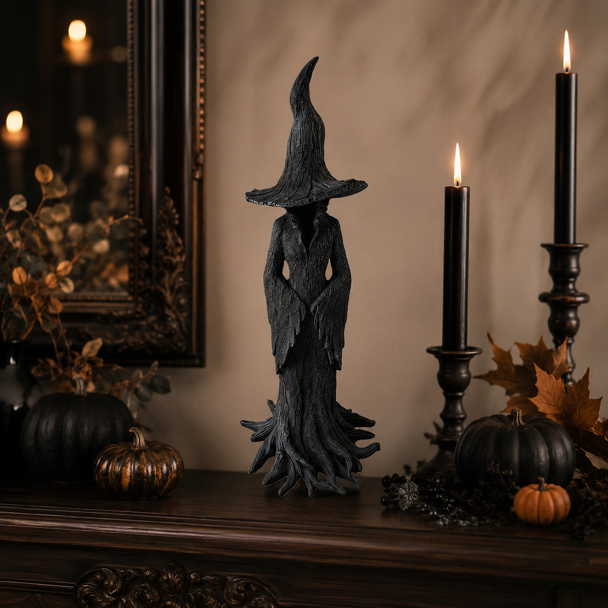 Halloween Decorations Faceless Witch Figurine with Textured Bark Finish and Root Base for Tabletop