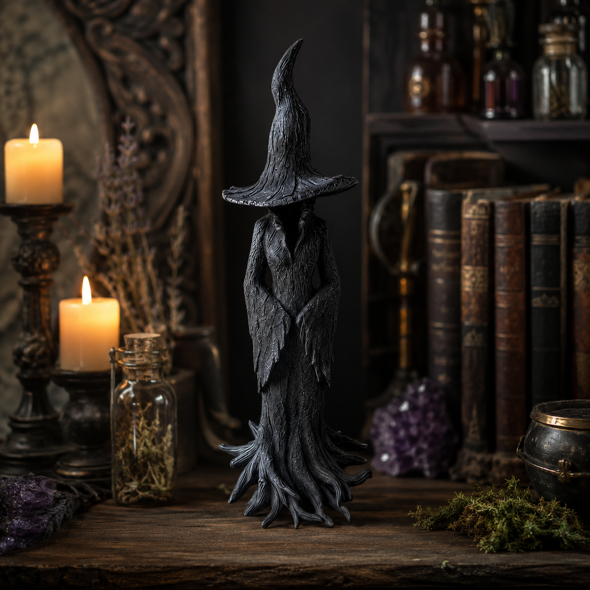Halloween Decorations Faceless Witch Figurine with Textured Bark Finish and Root Base for Tabletop