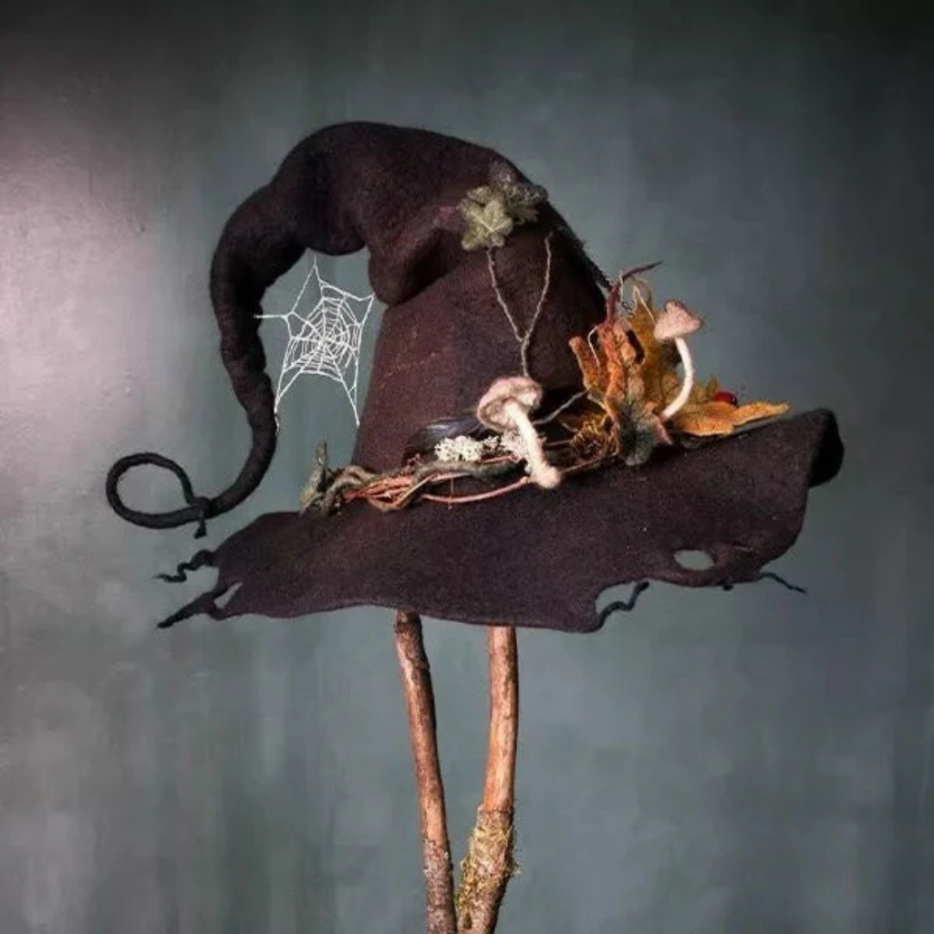 Witch Halloween Costume Party Hat in Felted Wool with Spiderweb Embroidery and Mushrooms