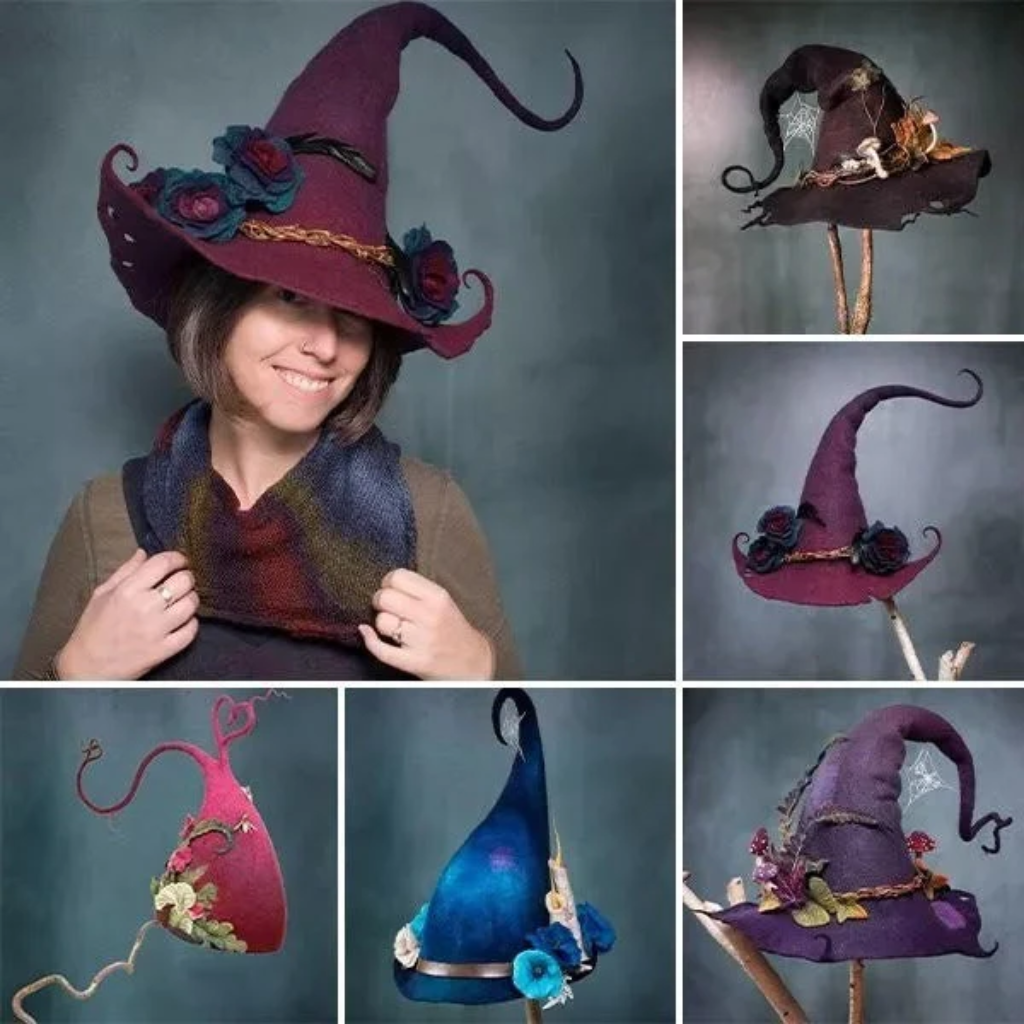 Witch Halloween Costume Party Hat in Felted Wool with Spiderweb Embroidery and Mushrooms