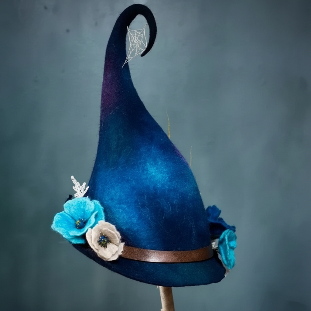 Witch Halloween Costume Party Hat in Felted Wool with Spiderweb Embroidery and Mushrooms