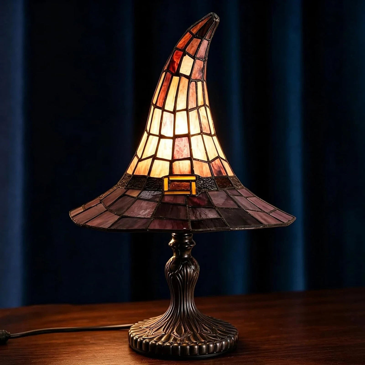 Bed Side Table Lamp in Tiffany Style with Witch Hat Stained Glass Shade USB Powered 18cm