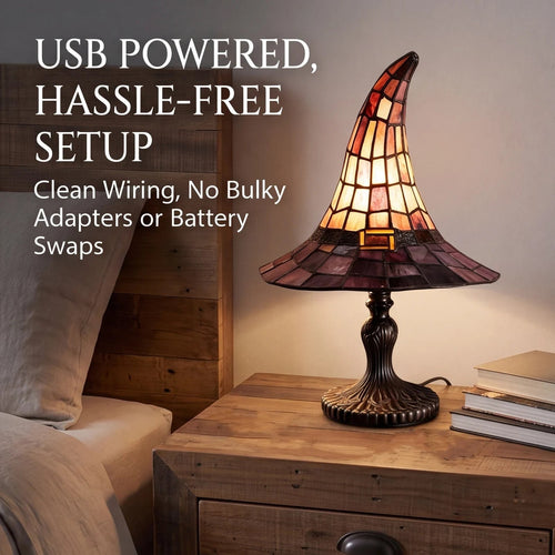 Bed Side Table Lamp in Tiffany Style with Witch Hat Stained Glass Shade USB Powered 18cm