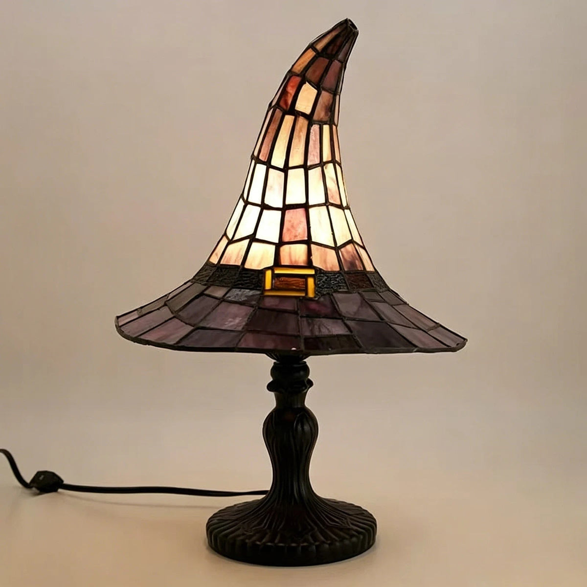 Bed Side Table Lamp in Tiffany Style with Witch Hat Stained Glass Shade USB Powered 18cm