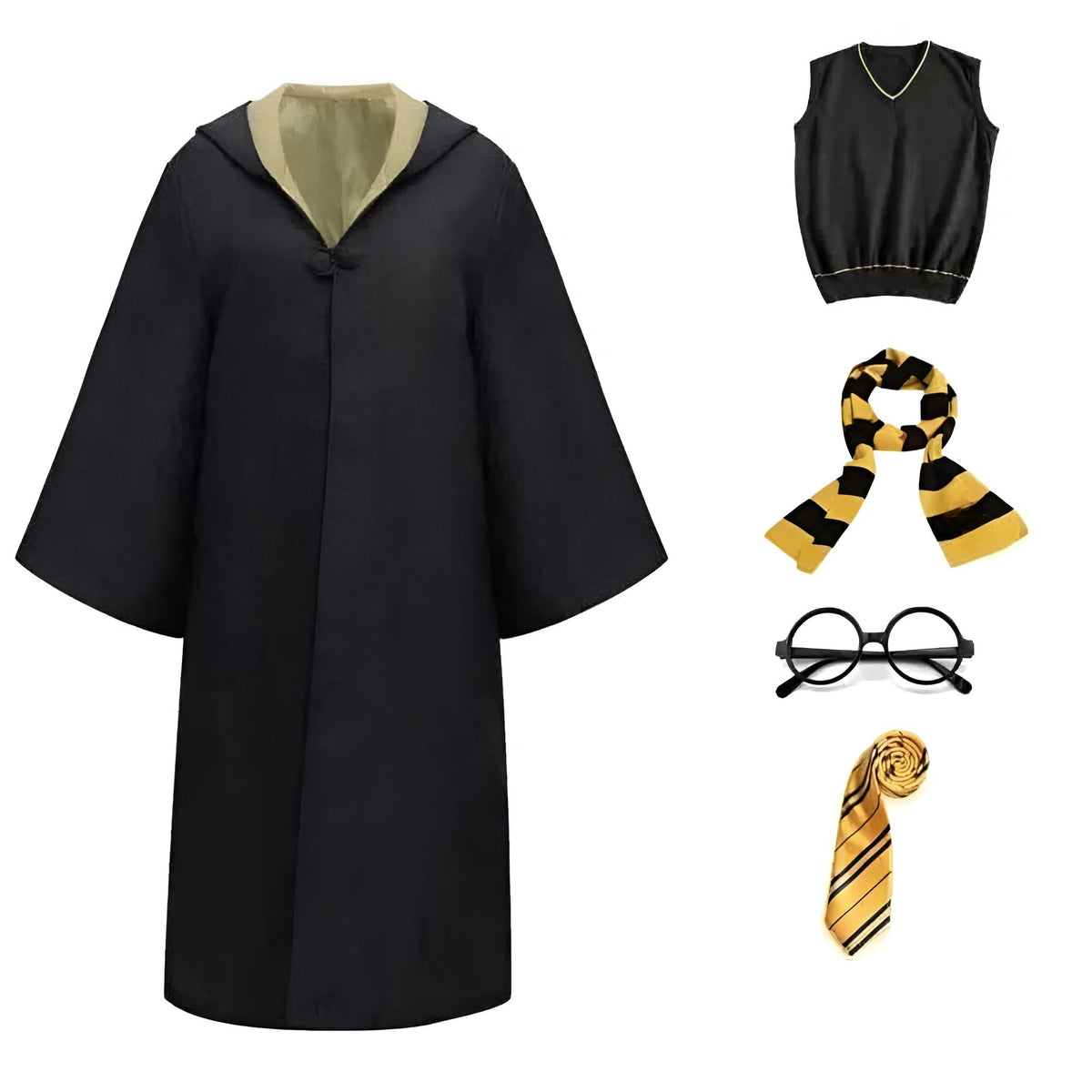Halloween Costumes Wizard Hooded Robe with Striped Scarf Tie and Glasses for Cosplay Party