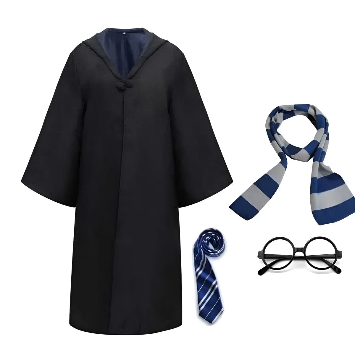 Halloween Costumes Wizard Hooded Robe with Striped Scarf Tie and Glasses for Cosplay Party