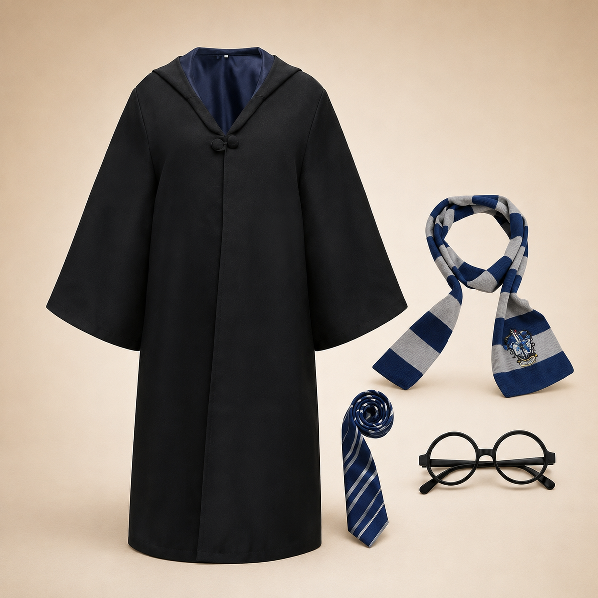 Halloween Costumes Wizard Robe with Hood Bell Sleeves and Striped Knit Scarf for Cosplay