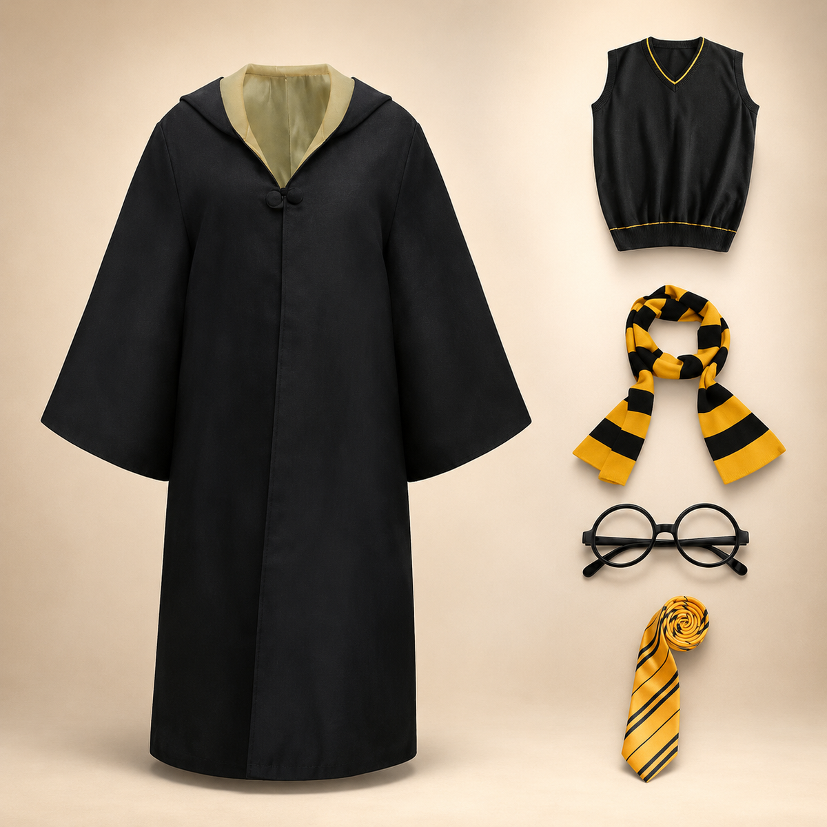Halloween Costumes Wizard Robe with Hood Bell Sleeves and Striped Knit Scarf for Cosplay