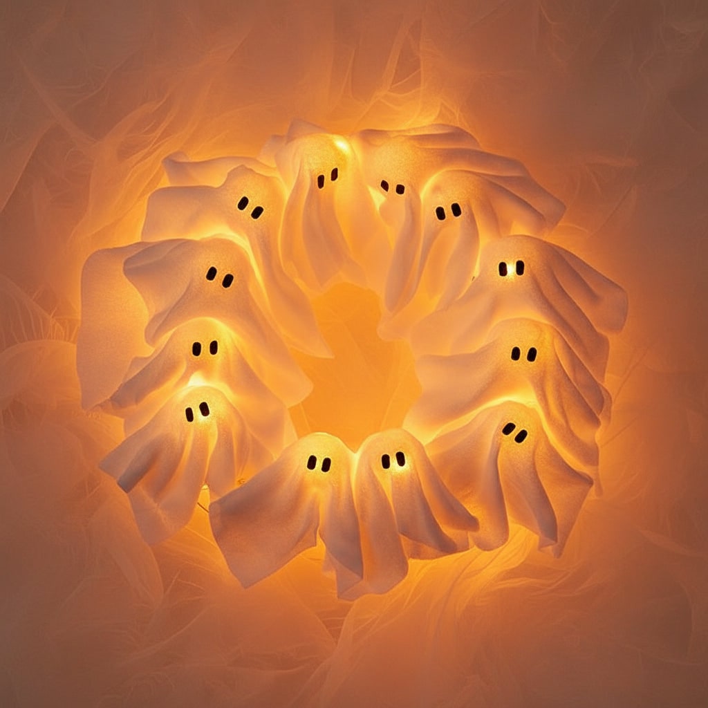 Halloween Wreath Door Decoration with Gauze Ghost Figures and LED Glow