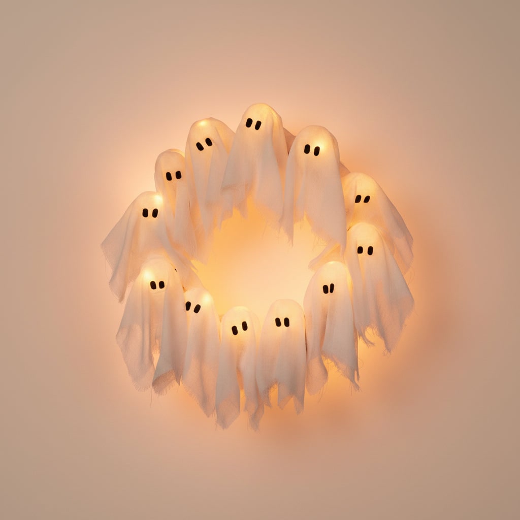Halloween Wreath Door Decoration with Gauze Ghost Figures and LED Glow