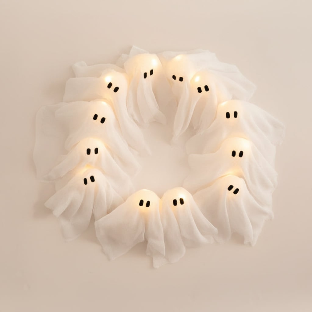 Halloween Wreath Door Decoration with Gauze Ghost Figures and LED Glow