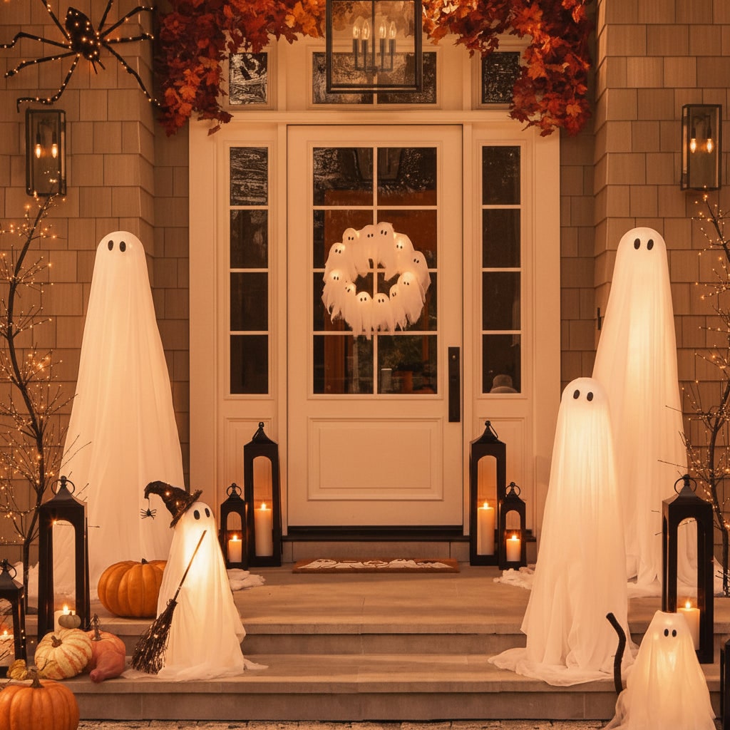 Halloween Wreath Door Decoration with Gauze Ghost Figures and LED Glow