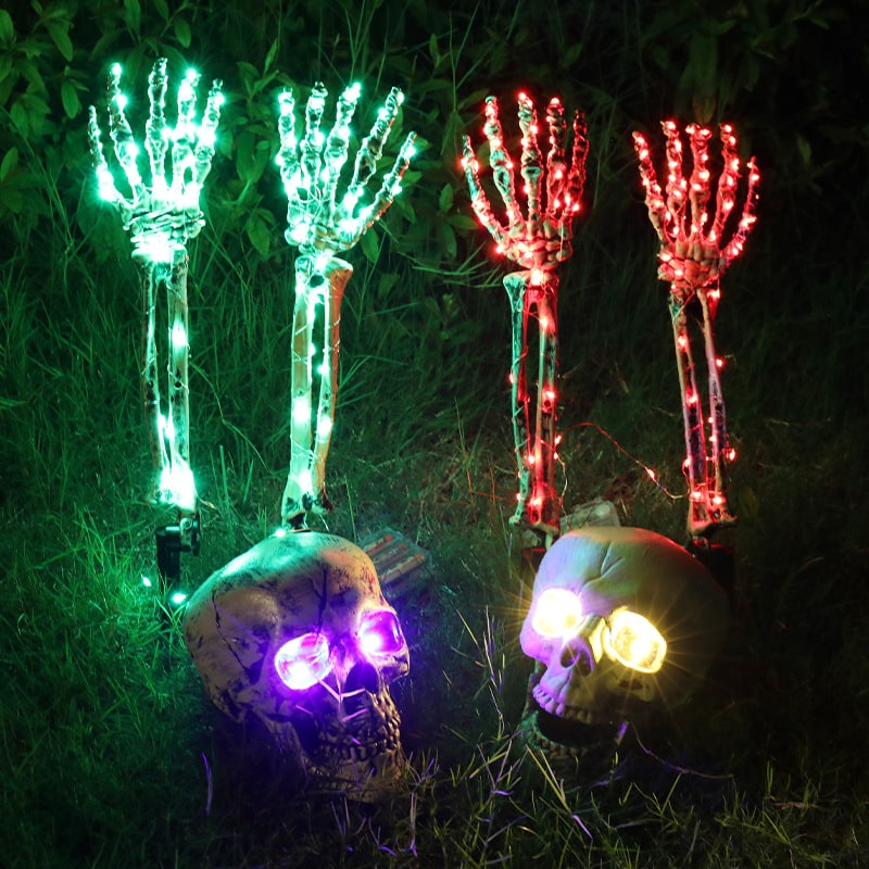 Halloween Decorations Outdoor Skeleton Arm Stakes with Skull and Battery Powered LED Lights