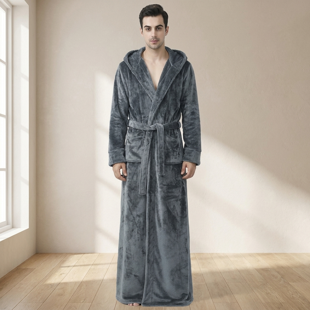 Mens Hooded Bathrobe Plush Robe with Long Sleeves for Home Lounging and After Bath