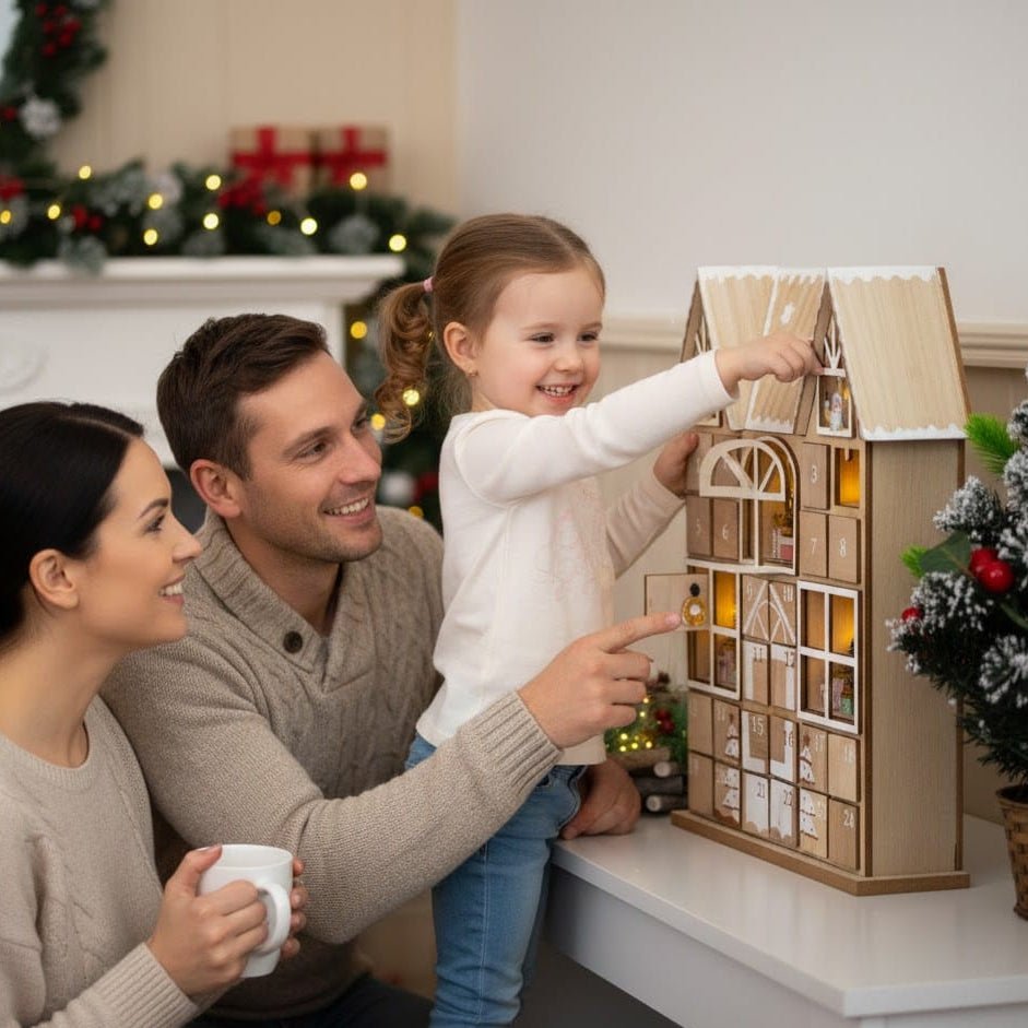 Advent Calendar Wooden Village Lit with 24 Compartments