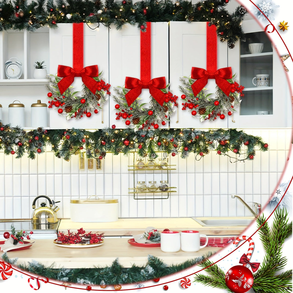 Christmas Wreath Artificial with Red Bow and Pinecones Needing No Power