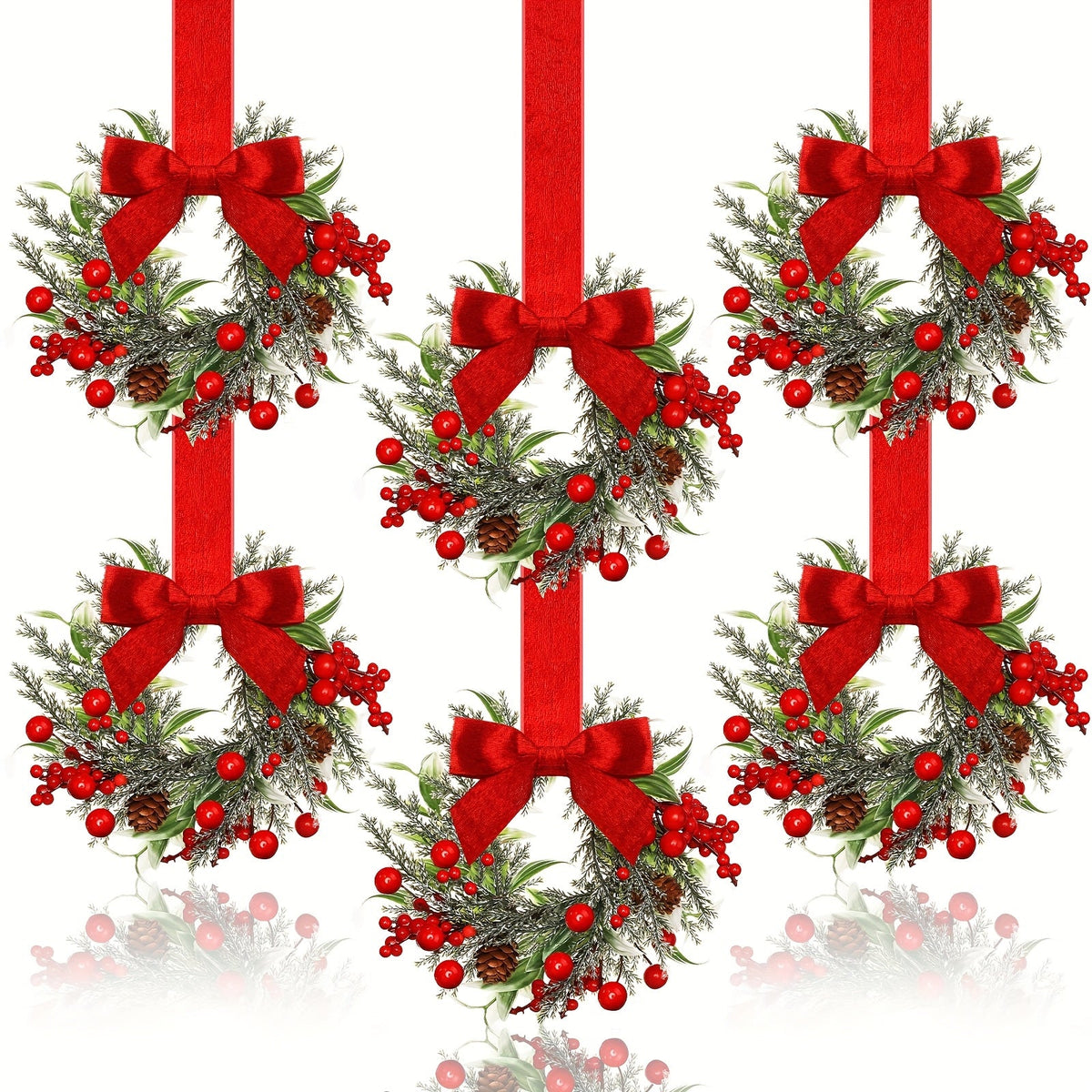 Christmas Wreath Artificial with Red Bow and Pinecones Needing No Power