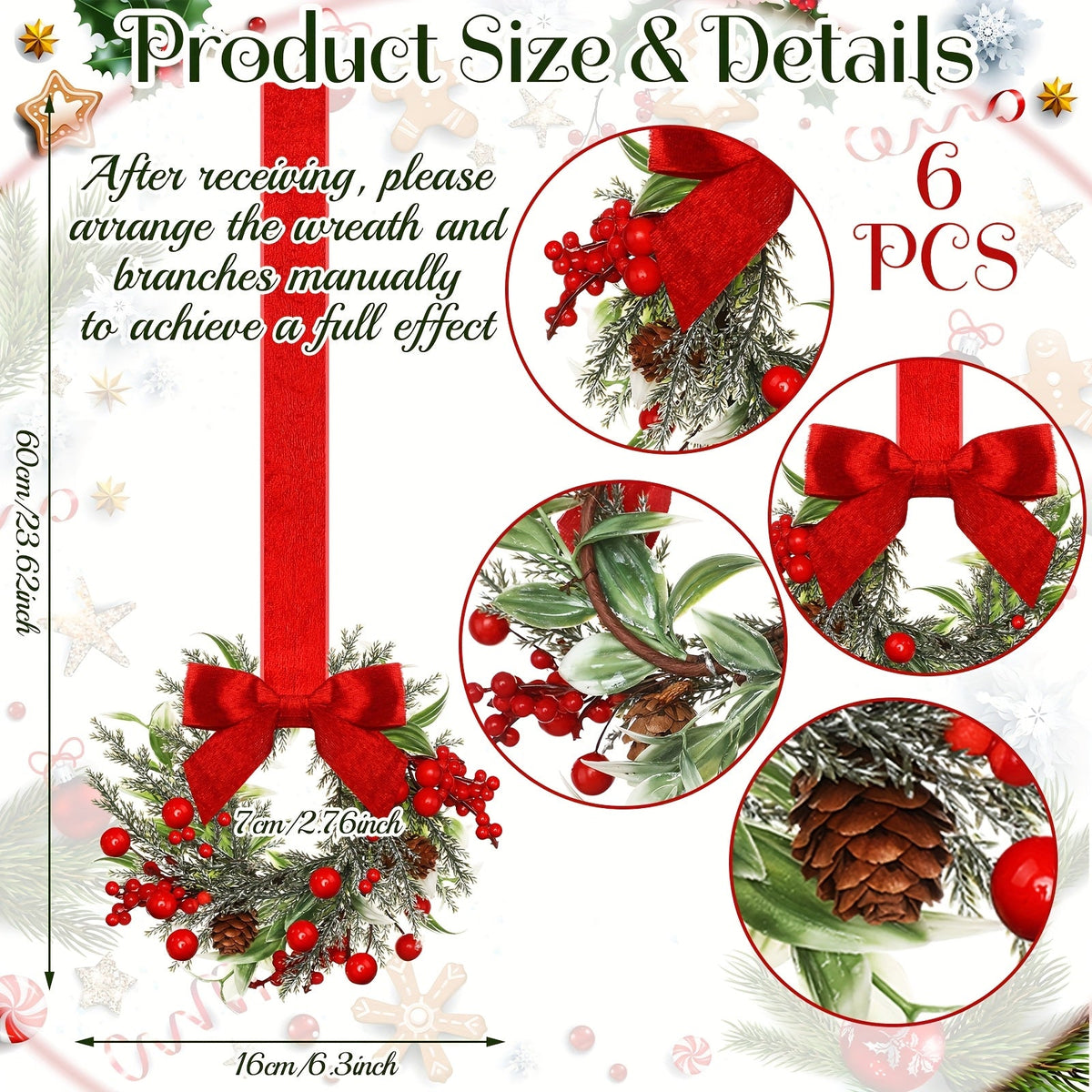 Christmas Wreath Artificial with Red Bow and Pinecones Needing No Power