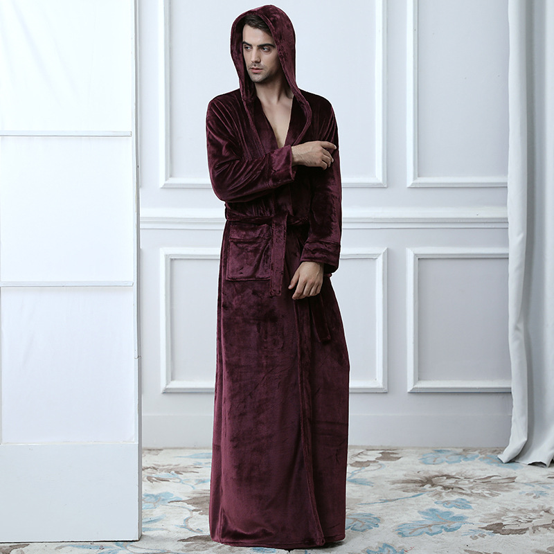 Mens Hooded Bathrobe Plush Robe with Long Sleeves for Home Lounging and After Bath