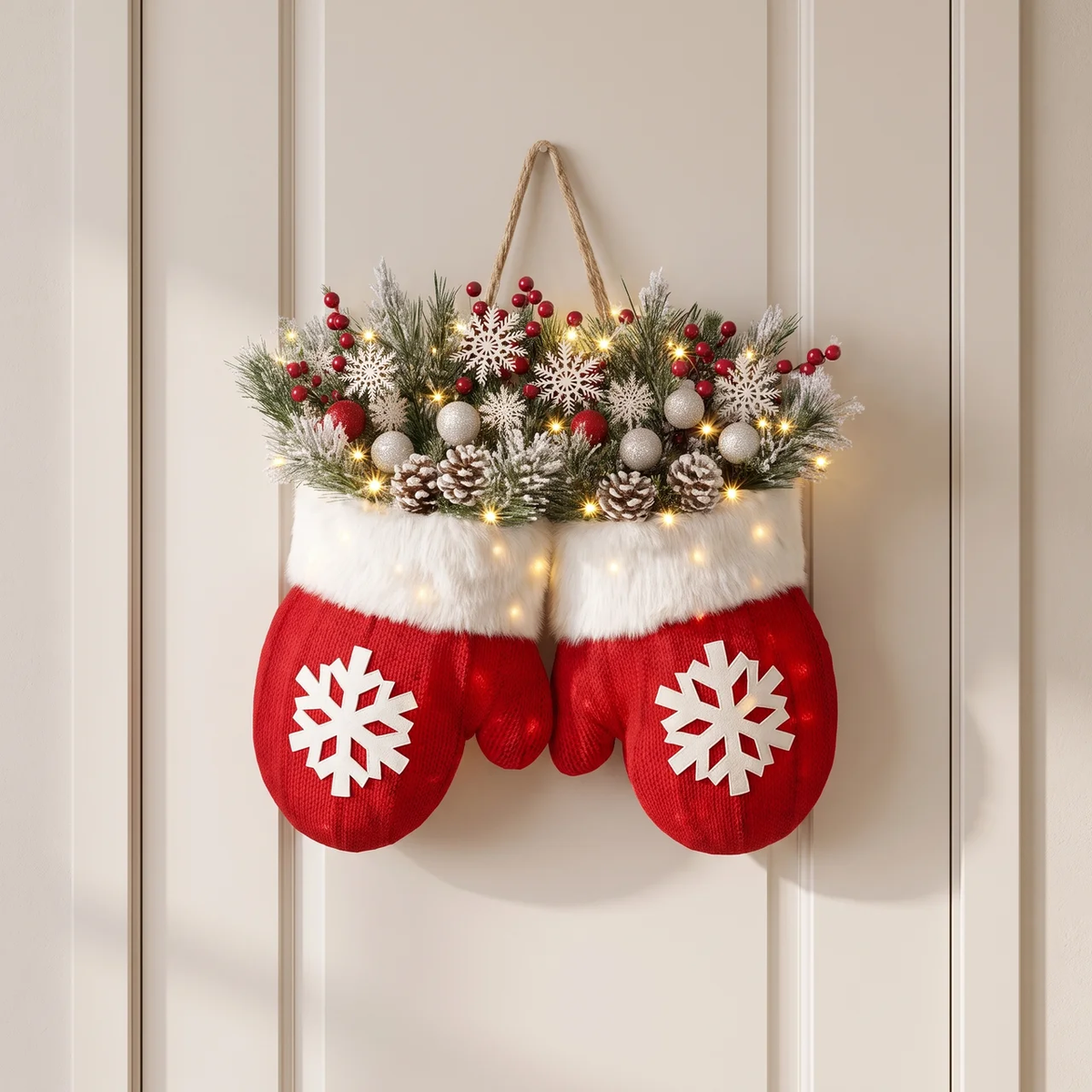 Christmas Lights Mitten Wreath with 20 Warm LEDs and Red Berries