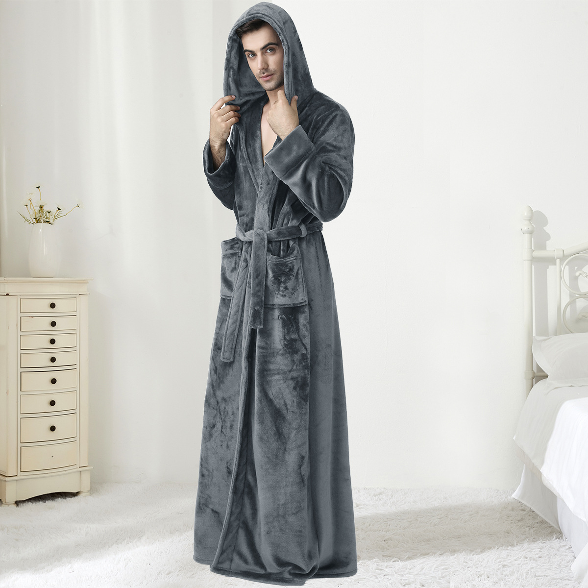 Mens Hooded Bathrobe Plush Robe with Long Sleeves for Home Lounging and After Bath