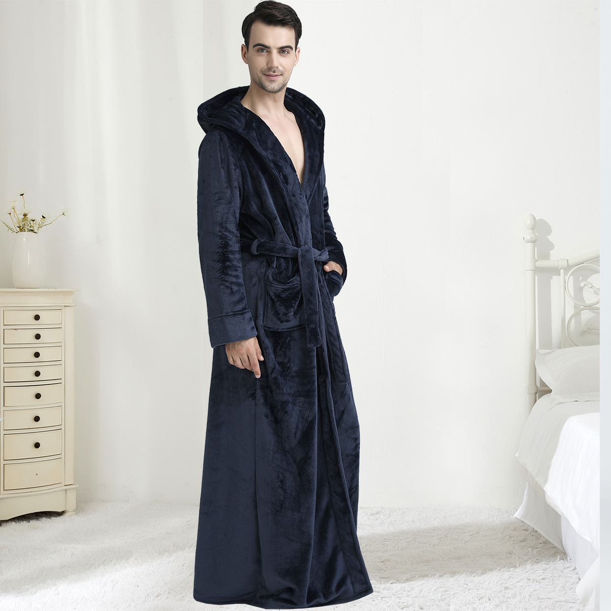 Mens Hooded Bathrobe Plush Robe with Long Sleeves for Home Lounging and After Bath