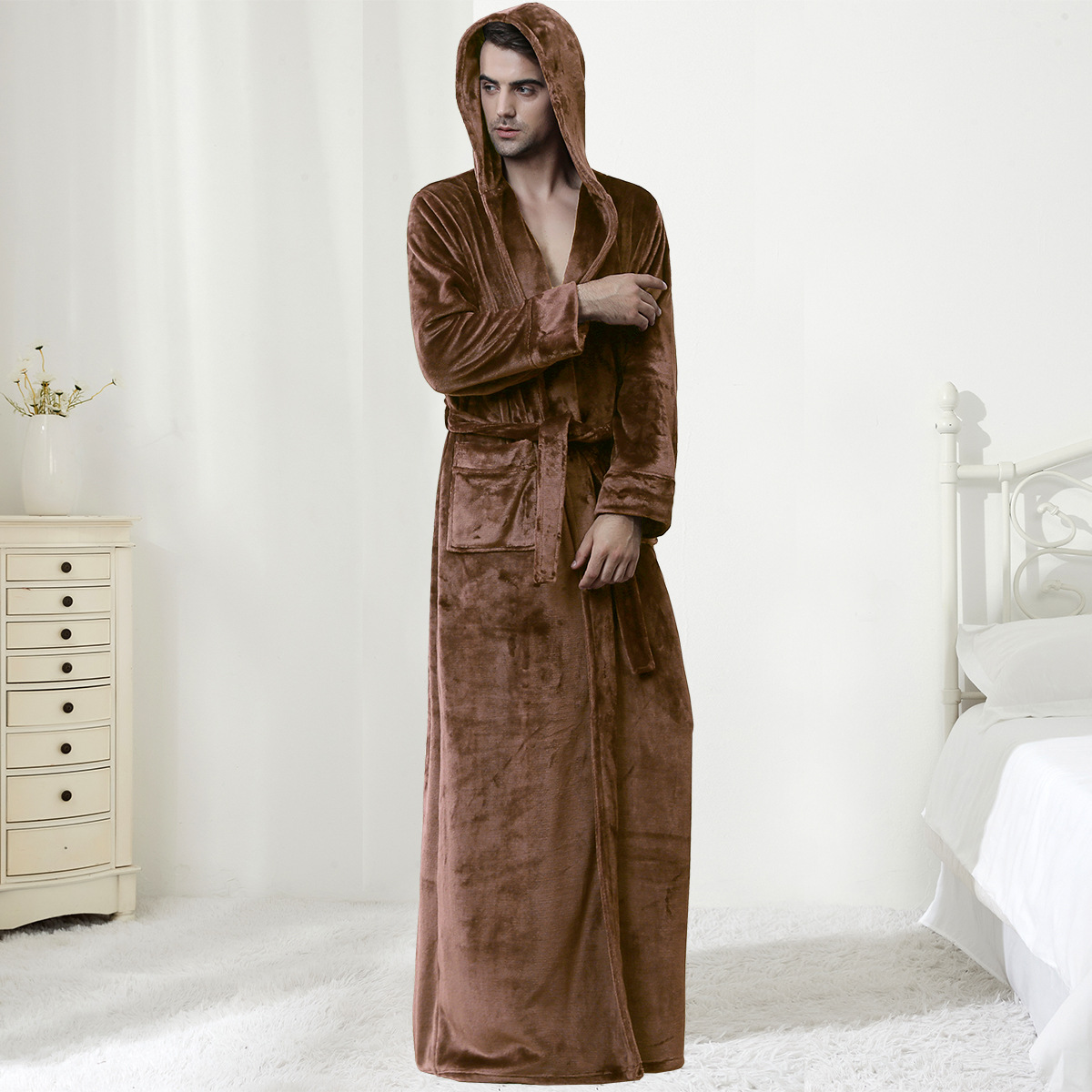 Mens Hooded Bathrobe Plush Robe with Long Sleeves for Home Lounging and After Bath