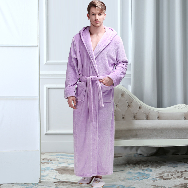 Mens Hooded Bathrobe Plush Robe with Long Sleeves for Home Lounging and After Bath