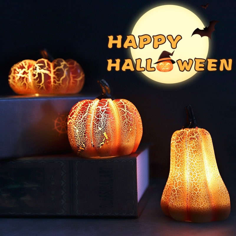 Jack O Lantern Pumpkin LED Light with Battery Operated Crackle Resin Halloween Decorations