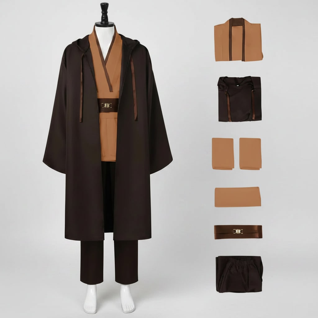 Hooded Robe Cosplay Costume Set with Wrap Tunic Shoulder Tabards and Buckle Belt