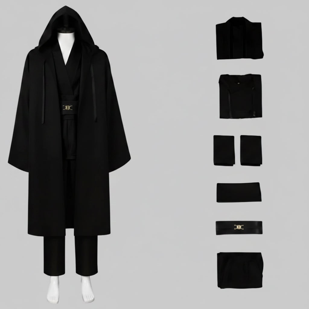 Hooded Robe Cosplay Costume Set with Wrap Tunic Shoulder Tabards and Buckle Belt
